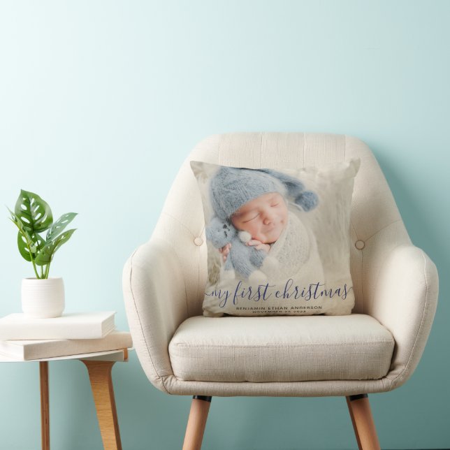 Blue My First Christmas Baby Photo Throw Pillow (Chair)