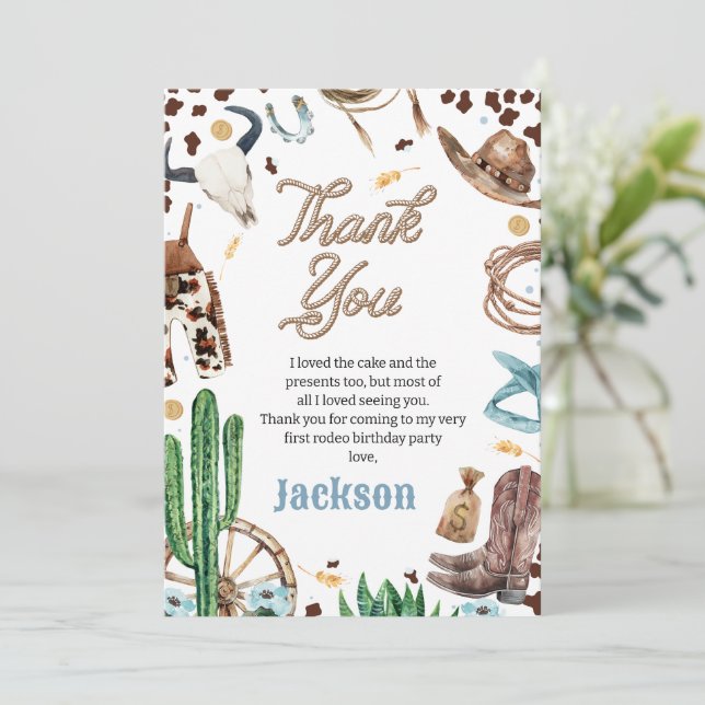 Blue My First Rodeo 1st Birthday Thank You Card (Standing Front)