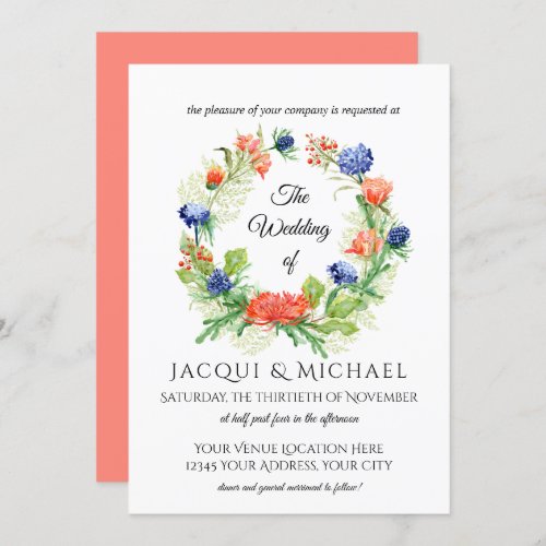 Blue n Coral Chrysanthemum Thistle Wreath Wedding Invitation