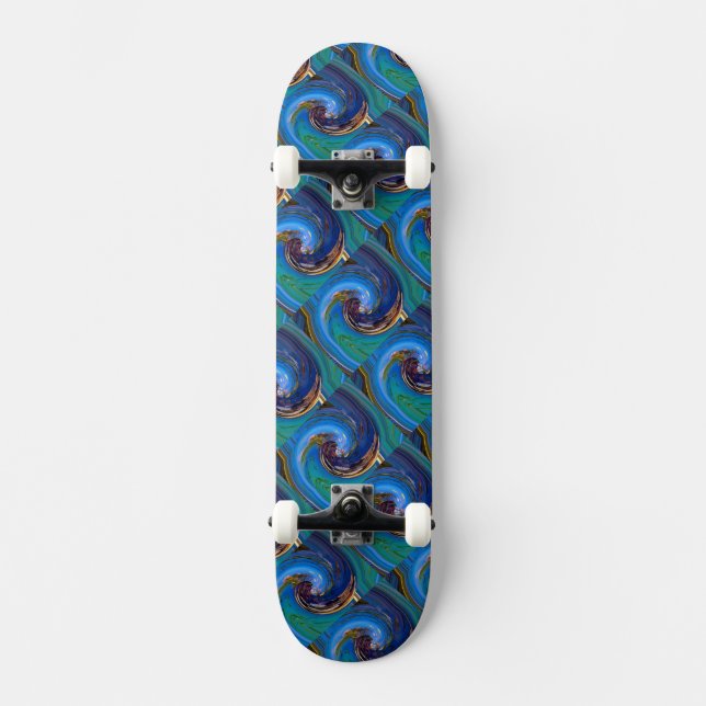 Blue N Green Abstract Tiled Peacock Skateboard Deck (Front)