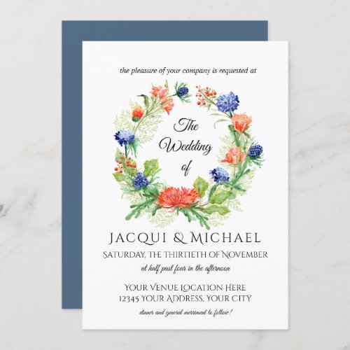 Blue n Orange Chrysanthemum Thistle Wreath Wedding Invitation