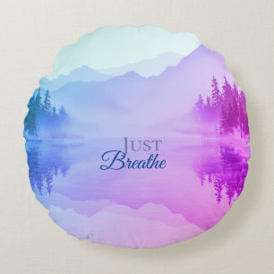 Blue N Pink Mountains Forest Landscape Round Pillow