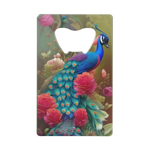 Blue N Teal Peacock in Pink Rose Garden  Zippo Lig Credit Card Bottle Opener