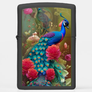 Blue N Teal Peacock in Pink Rose Garden Zippo Lighter