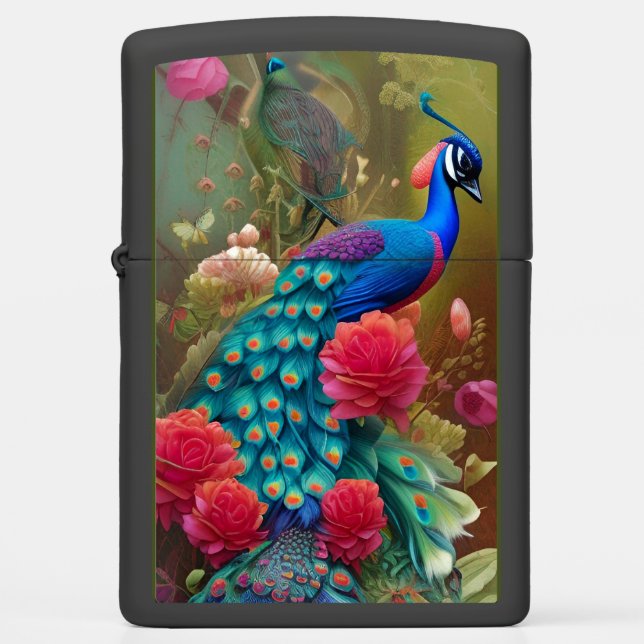 Blue N Teal Peacock in Pink Rose Garden  Zippo Lighter (Front)