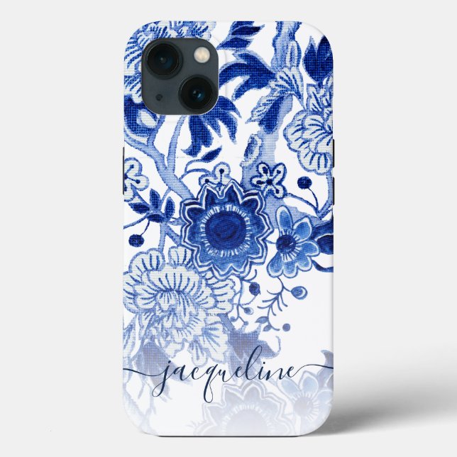 Blue n White Chinoiserie Asian Floral Script Name Case-Mate iPhone Case (Back)