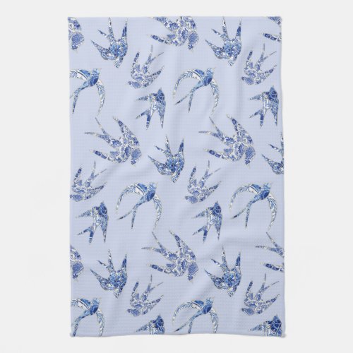 Blue n White Chinoiserie Chic Bird Swallow Mosaic Kitchen Towel