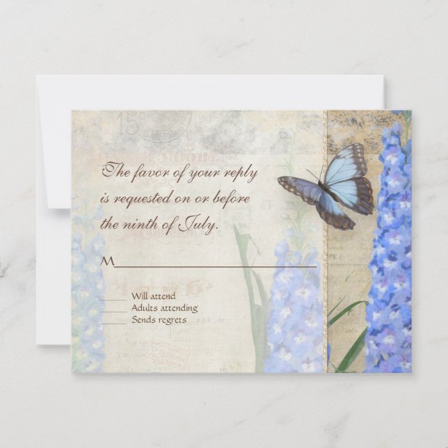 Blue n White Floral Butterfly Botanical Flowers RSVP Card (Front)