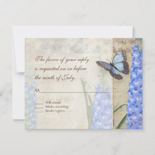 Blue n White Floral Butterfly Botanical Flowers RSVP Card