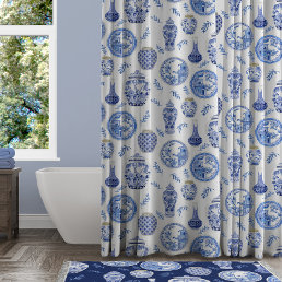 Blue n White Floral Ginger Jar Asian Vintage Decor Shower Curtain