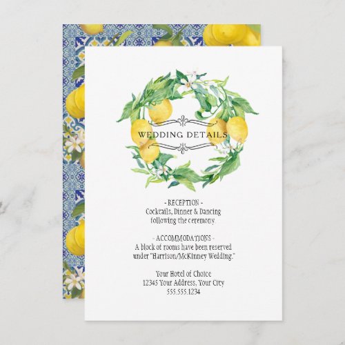 Blue n White Lemon Floral Foliage Wedding Details Invitation