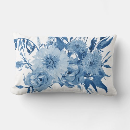 Blue n White Watercolor Floral Eucalyptus Foliage Lumbar Pillow