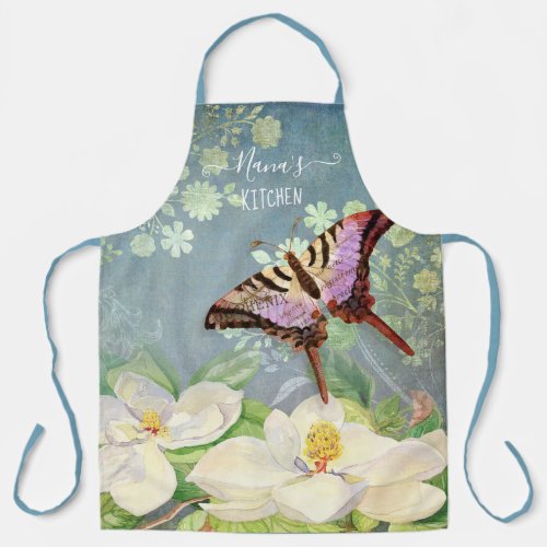 Blue n White Watercolor Magnolia Floral Butterfly Apron