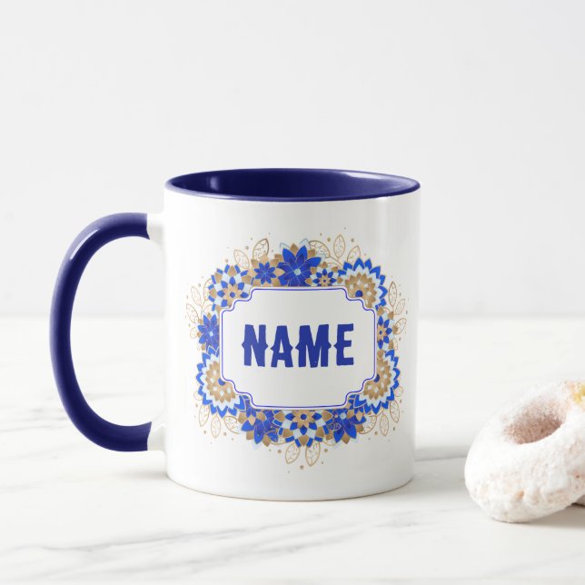 Blue Namaste Personalized Name Monogram  Mug (With Donut)