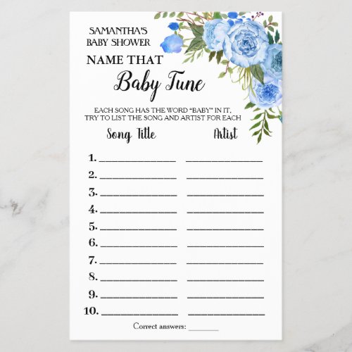 Blue Name Baby tune bilingual shower game card Flyer