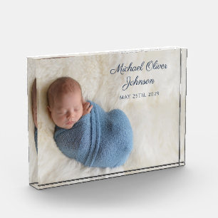 Blue Name Birth Date Script Baby Photo Block