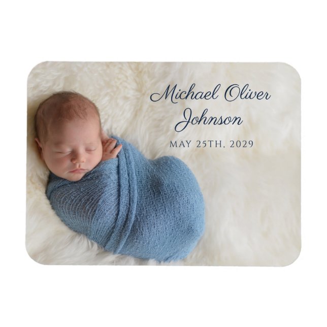 Blue Name Birth Date Script Baby Photo Magnet (Horizontal)