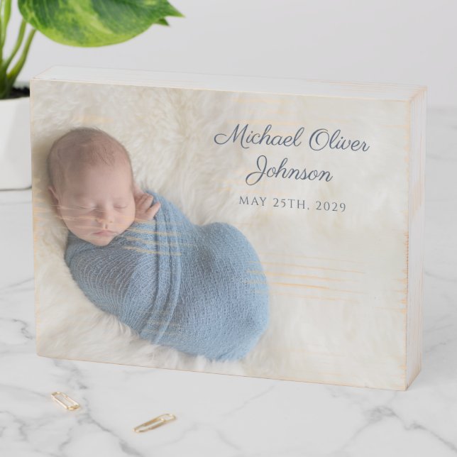 Blue Name Birth Date Script Baby  Wooden Box Sign (In Situ Horizontal)