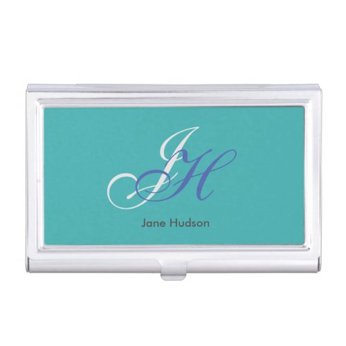 Blue Name Monogram Initials Simple Plain Business Card Case