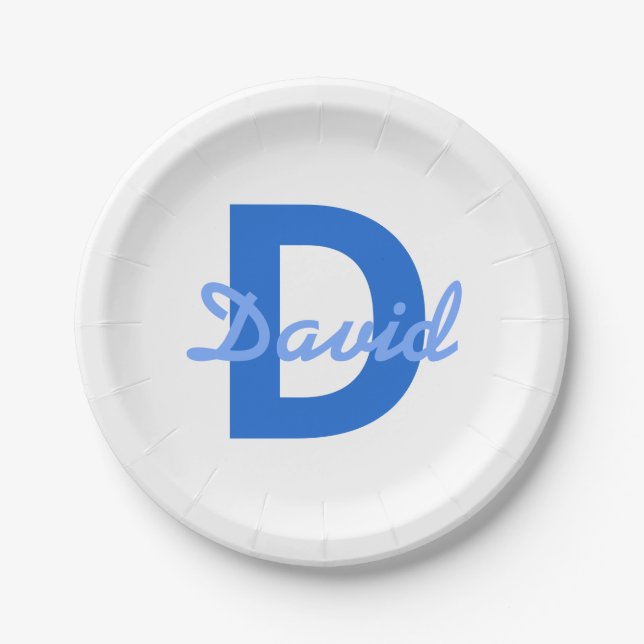 Blue Name & Monogram Paper Plates (Front)