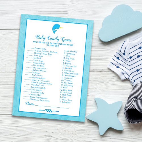 Blue Narwhal Baby Candy Baby Shower Game Invitation