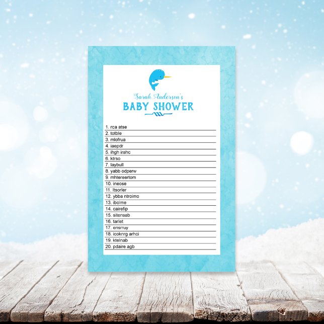 Blue Narwhal Baby Shower Word Scramble Game (Creator Uploaded)