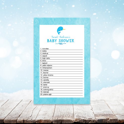Blue Narwhal Baby Shower Word Scramble Game Stationery