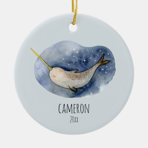 Blue Narwhal Modern Watercolor Ocean Personalized  Ceramic Ornament
