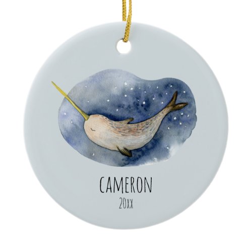 Blue Narwhal Modern Watercolor Ocean Personalized  Ceramic Ornament
