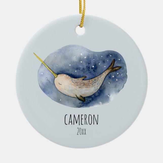 Blue Narwhal Modern Watercolor Ocean Personalized  Ceramic Ornament (Front)