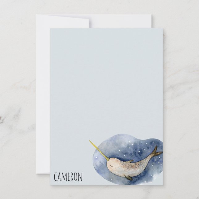Blue Narwhal Modern Watercolor Ocean Personalized Note Card (Front)