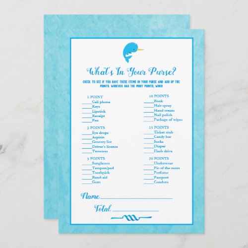 Blue Narwhal Whats In Your Purse Baby Shower Game Invitation