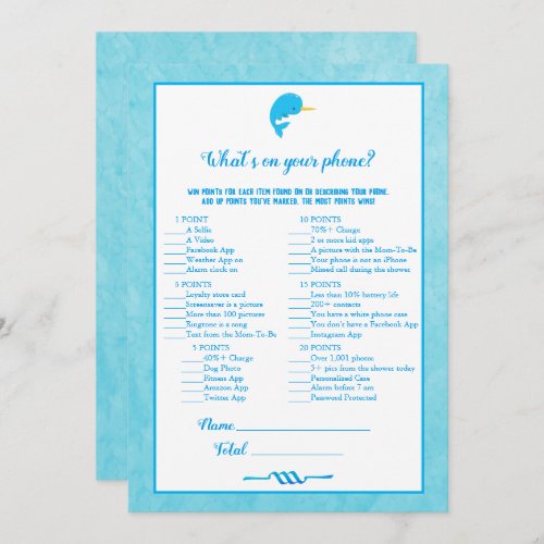 Blue Narwhal Whats On Your Phone Baby Shower Game Invitation