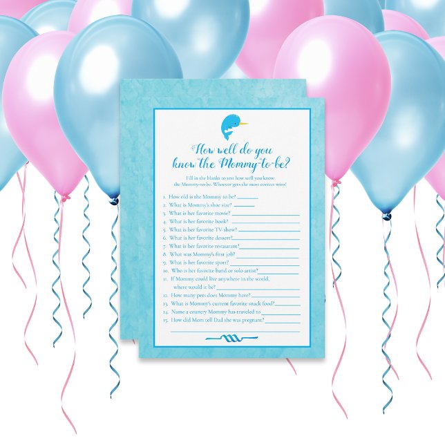 Blue Narwhal Who Knows Mommy Best Baby Shower Game Invitation (Creator Uploaded)