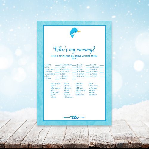 Blue Narwhal Whos My Mommy Baby Shower Game Invitation