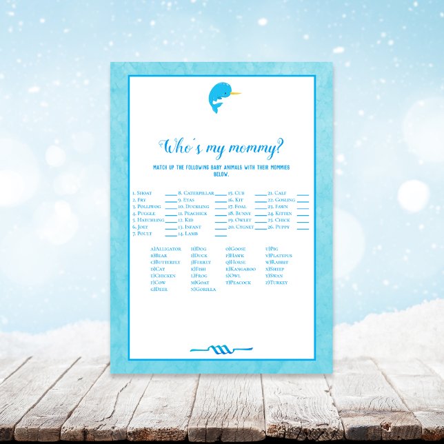 Blue Narwhal Who's My Mommy Baby Shower Game Invitation (Creator Uploaded)