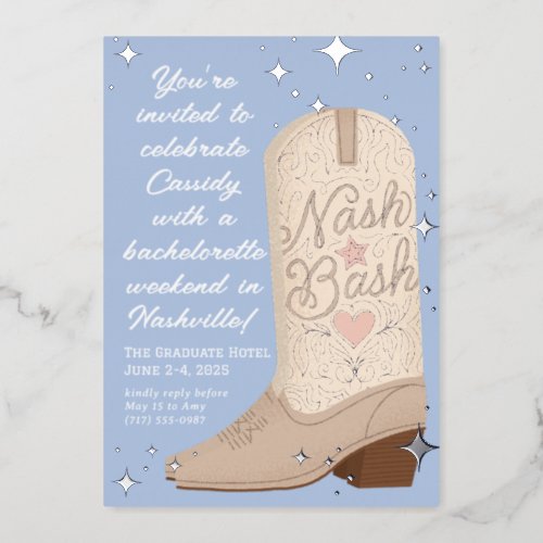Blue Nash Bash Cowgirl Boot Bachelorette Party Foil Invitation