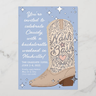 Blue Nash Bash Cowgirl Boot Bachelorette Party Foil Invitation
