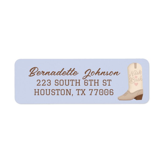 Blue Nash Bash Cowgirl Boot Bachelorette Party Lab Label (Front)