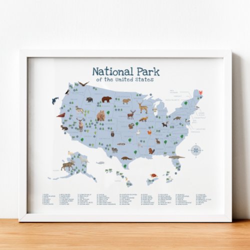 Blue National Park Map Woodland Nursery Print