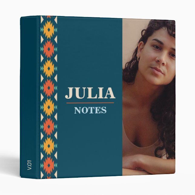 Blue Native American Geometric Monogram Photo 3 Ring Binder (Front/Spine)