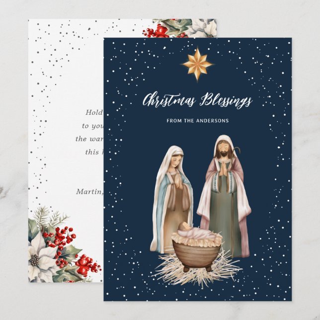 Blue Nativity Botanical Christian Christmas Card (Front/Back)