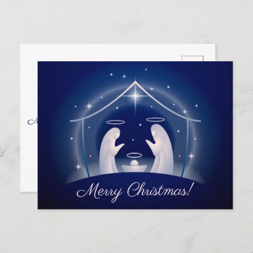 Blue Nativity Merry Christmas Holiday Postcard