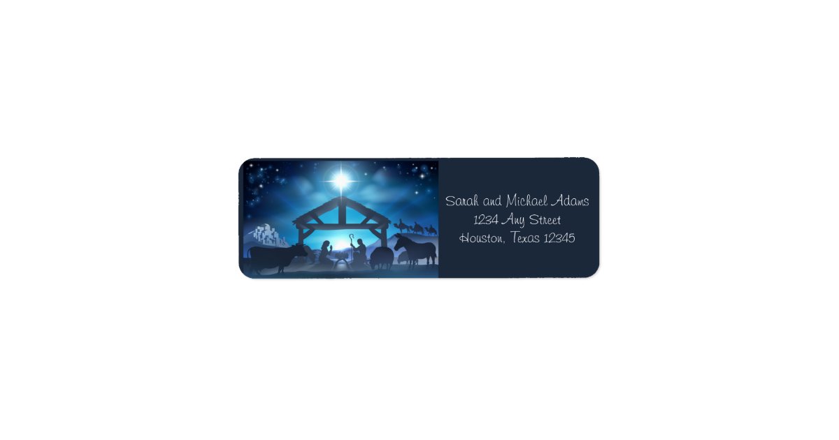 blue nativity religious christmas return address label zazzle com