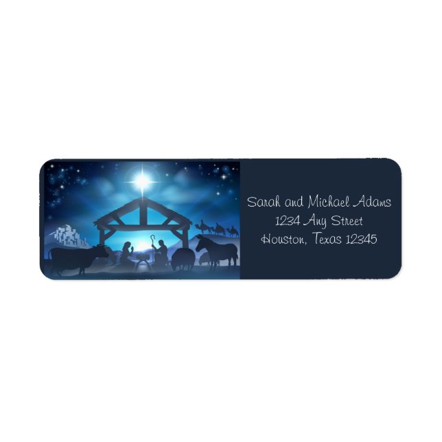 Blue Nativity Religious Christmas Return Address Label (Front)
