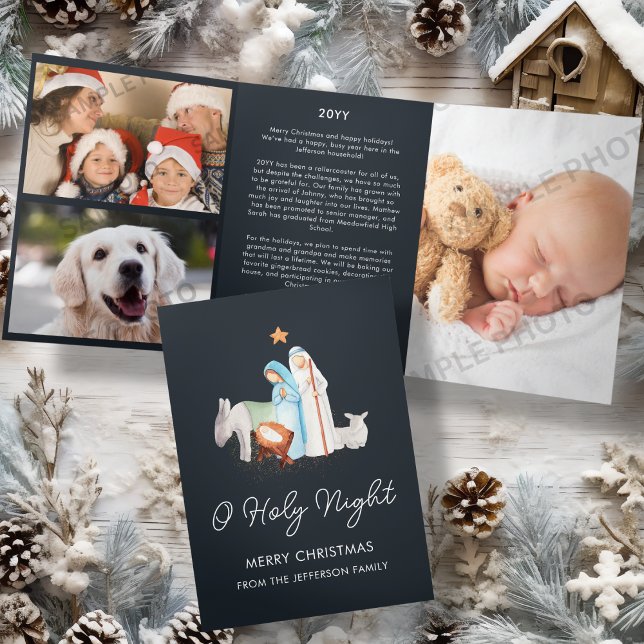 Blue Nativity Religious Christmas  Tri-Fold Holiday Card (Creator Uploaded)