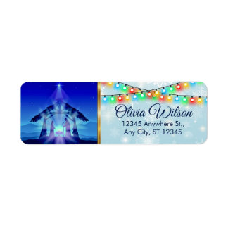 Blue Nativity Scene and Snowflakes Christmas Label
