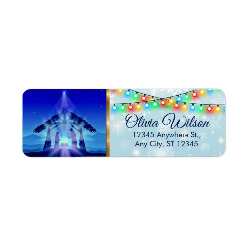 Blue Nativity Scene and Snowflakes Christmas Label