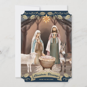 Blue Nativity Scene Christian Christmas Holiday Card