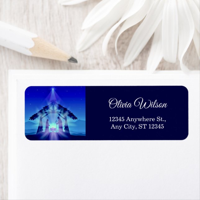 Blue Nativity Scene Christmas Label (Insitu)